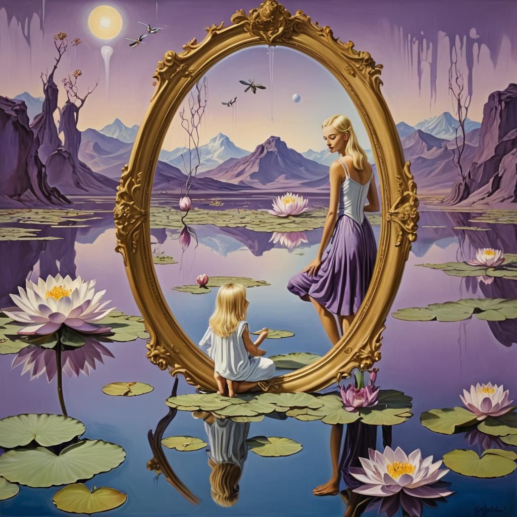 Girl, Lotus, and Dragonfly in Surrealist Mirror