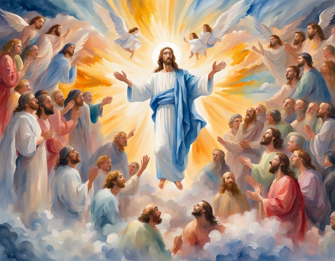 Heavenly Gouache Painting of God, Jesus, and Holy Spirit