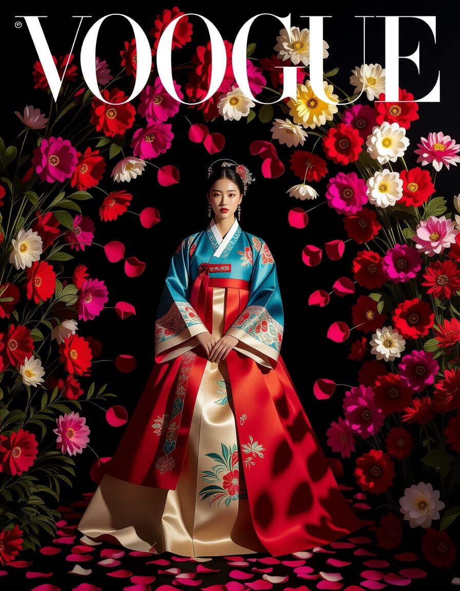 Korean Woman in Vibrant Hanbok Amidst Exotic Flowers
