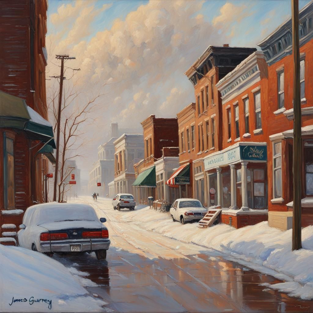 Midwest Town Street After Snowfall, Realistic Oil Painting