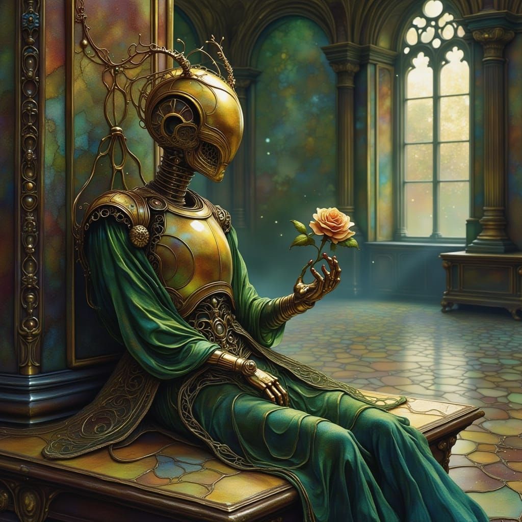 Brass Automaton with Rose in Dusty Ballroom