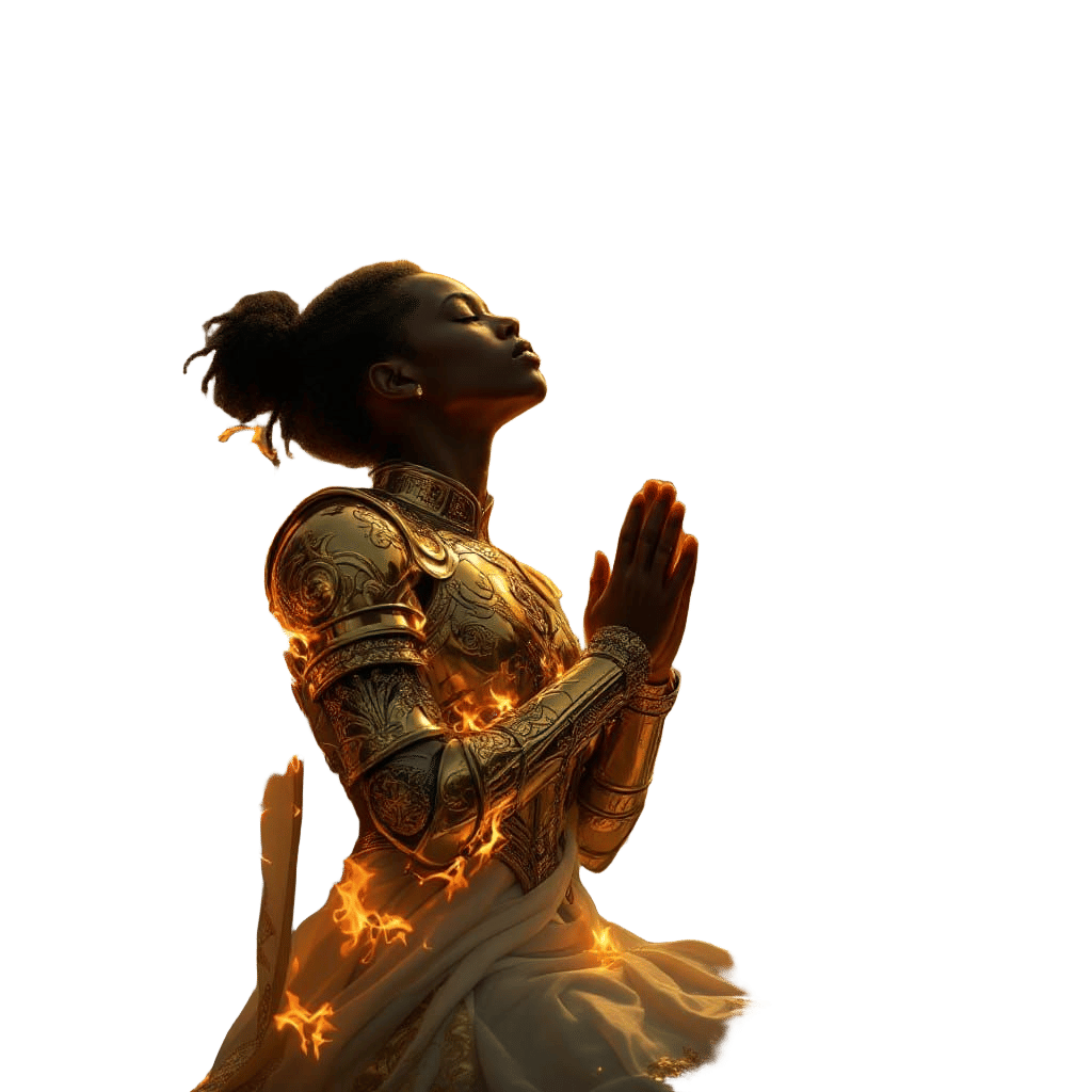 Young Person in Gold Armor Praying in Fire