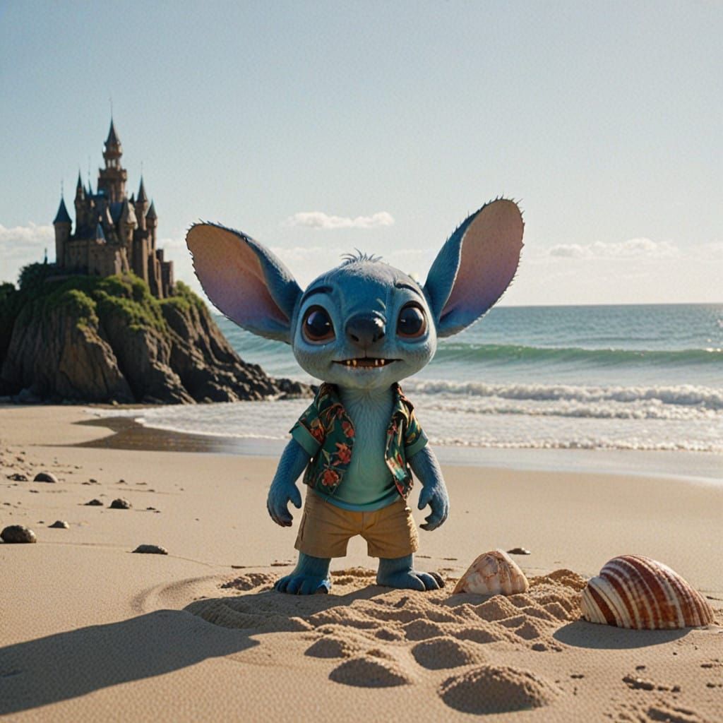 Surreal Beach Scene with Lovable Alien Sand Sculptor