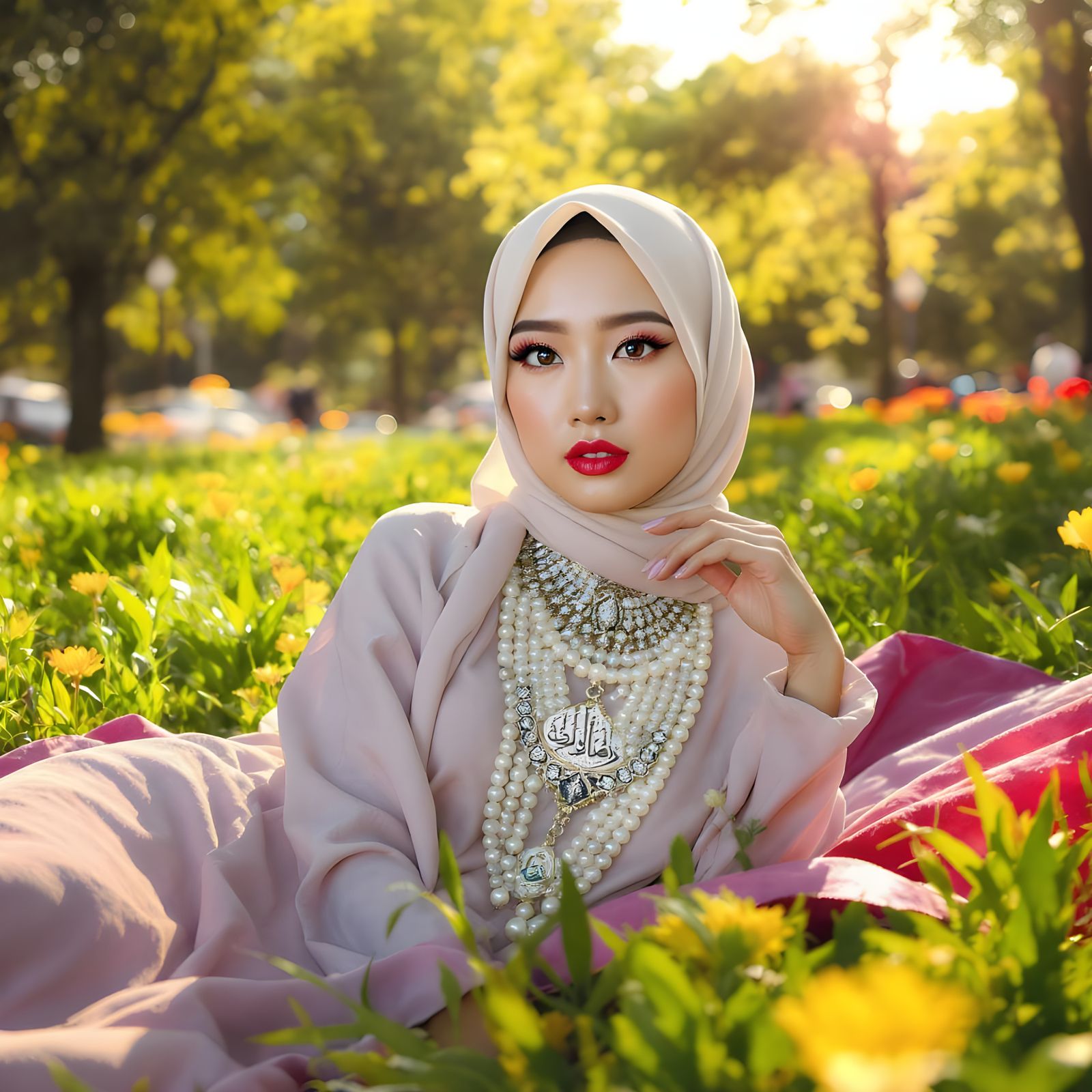 Elegant Hijab with Pearl Jewelry in Sunny Park
