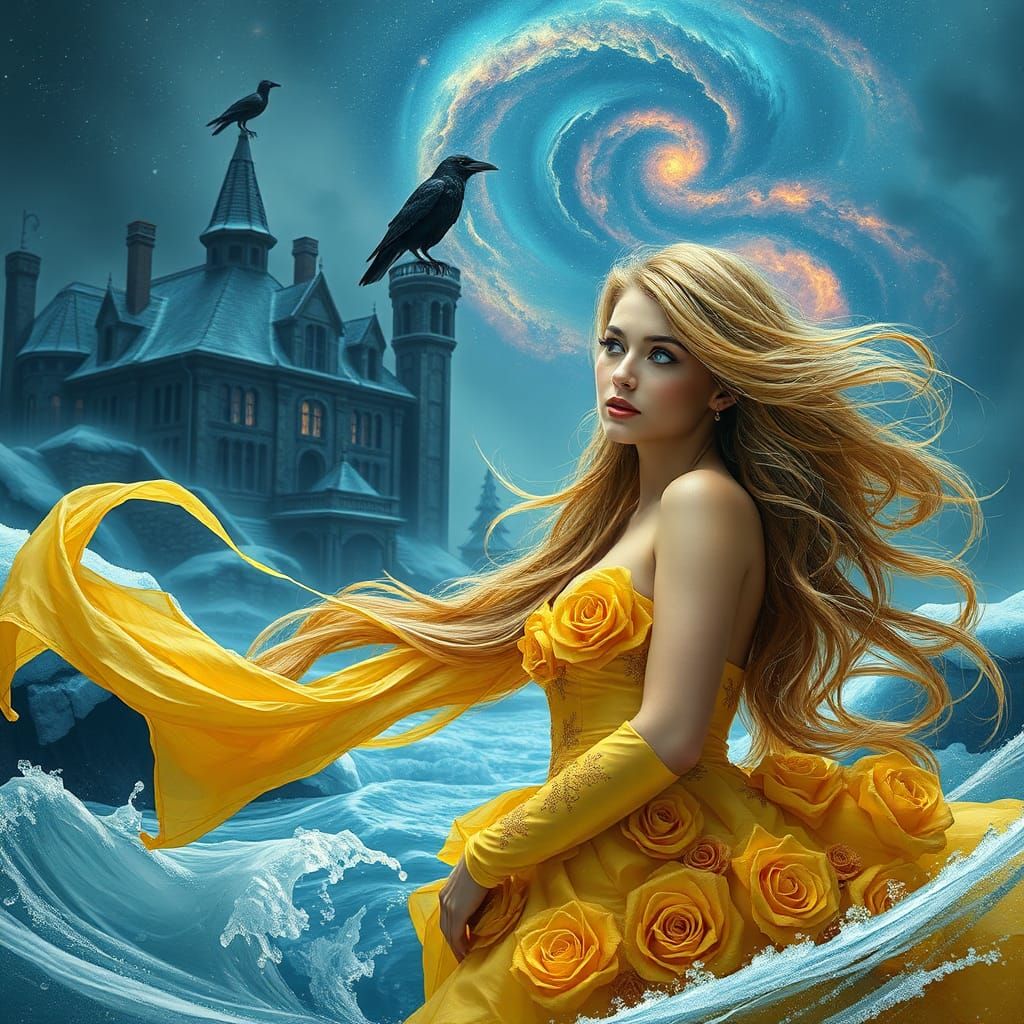 Mystical Woman in Icy Waves, Dark Fantasy Art