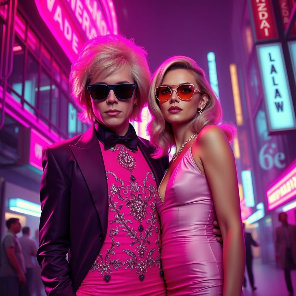Andy Warhol and Candy Darling in Neon Cityscape as Pop Art I...