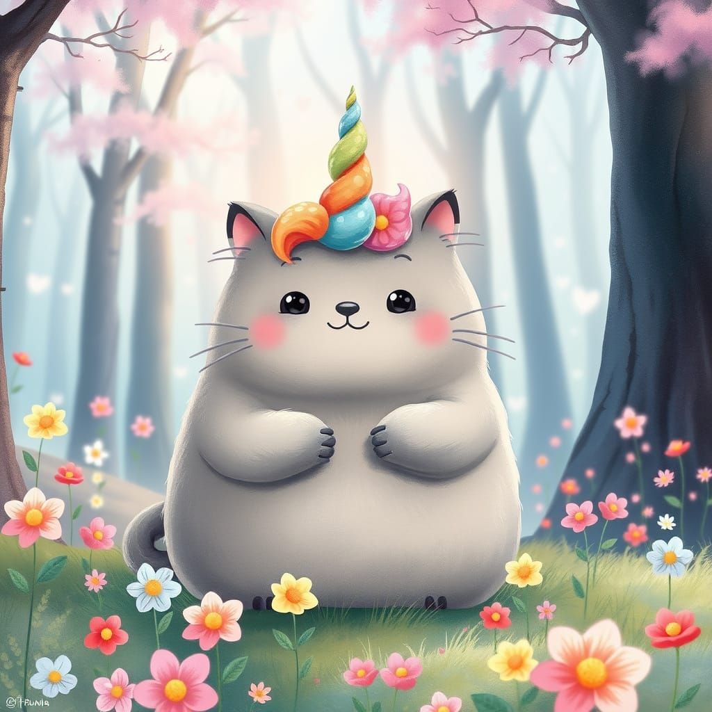 Whimsical Unicorn Cat in a Vibrant Fantasy Landscape