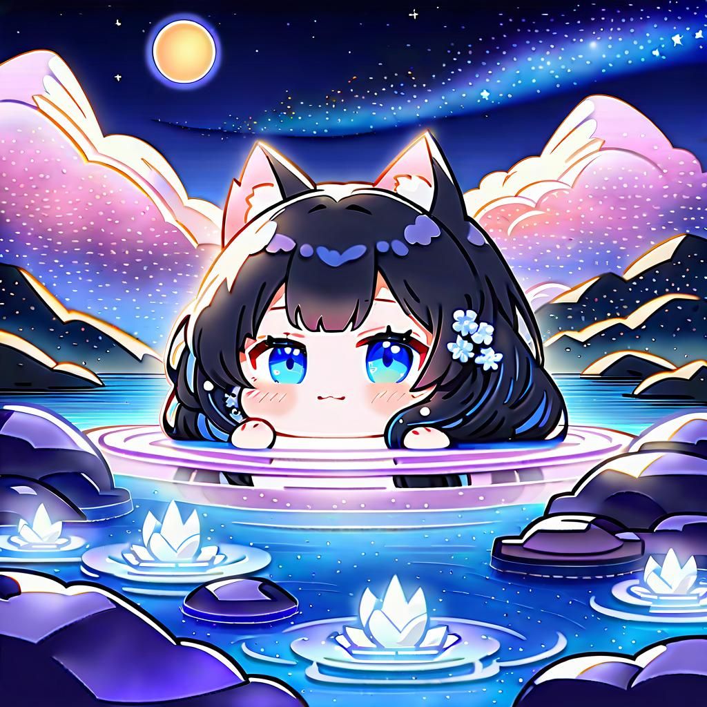 Nekomimi Girl Relaxing in Hakone Onsen: Chibi Anime Art