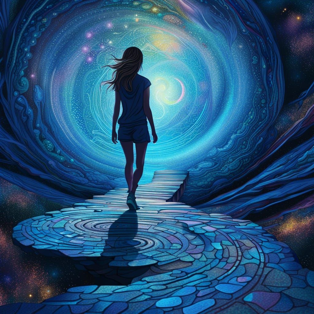 Girl Silhouette Walks Through Swirling Blue Portal