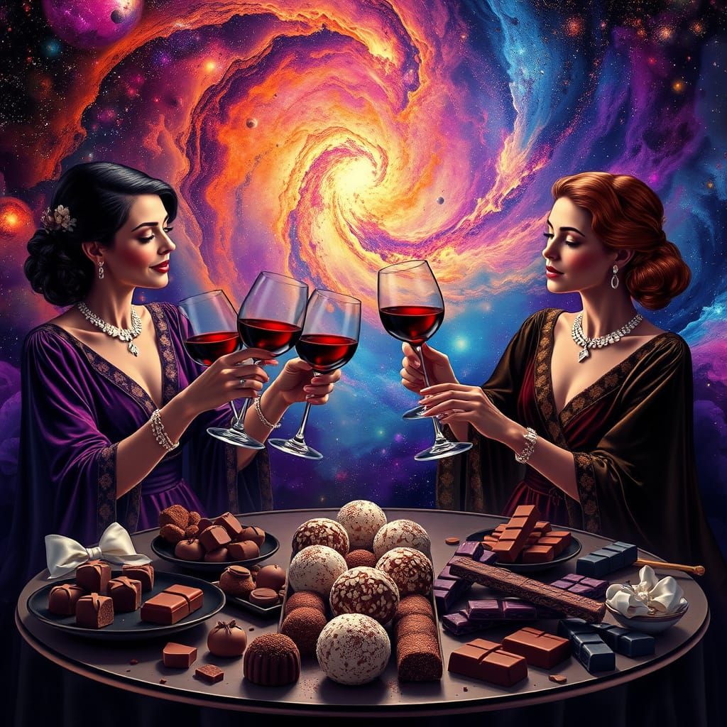 Elegant Women Toasting Wine Amidst Cosmic Chocolate