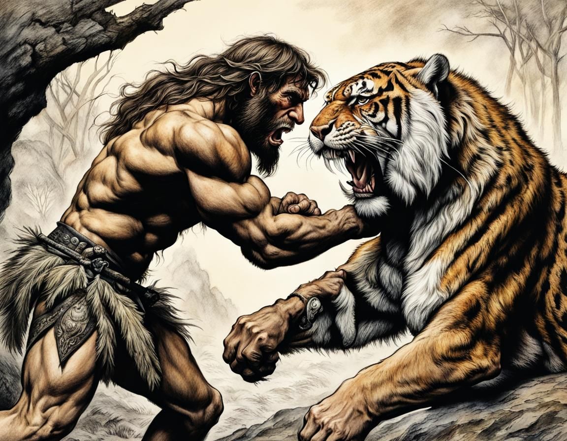 Neanderthal warrior wrestling with a saber tooth tiger