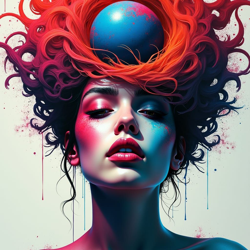 Psychedelic Globe Hair Portrait in Mixed Media Style