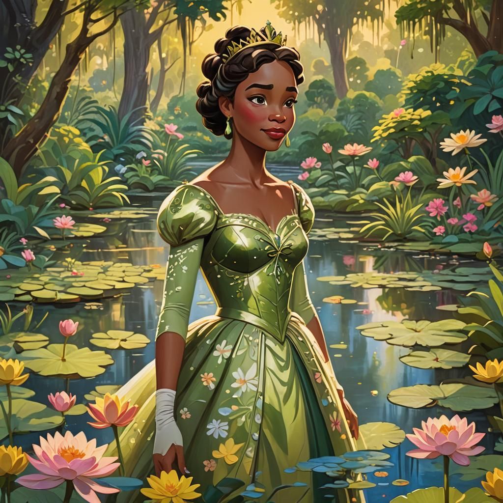 Princess Tiana in Lush Bayou: Gouache Painting