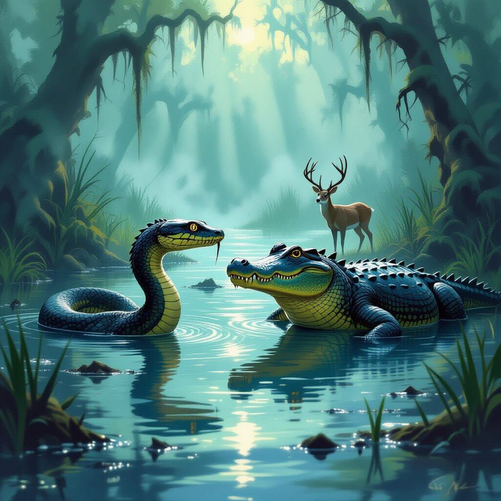 Snake and Crocodile Ambush Deer in Swamp