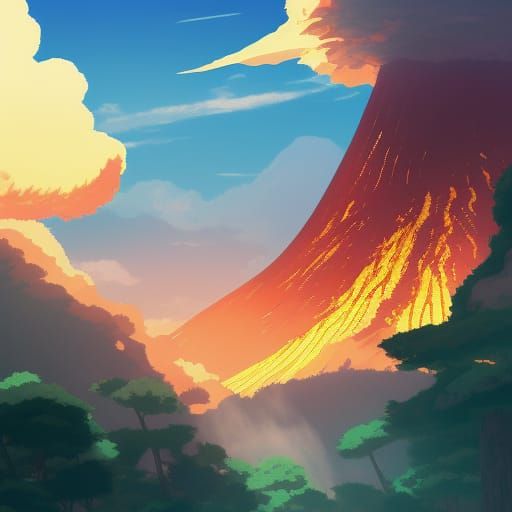 Volcanoes in Studio Ghibli Anime Style