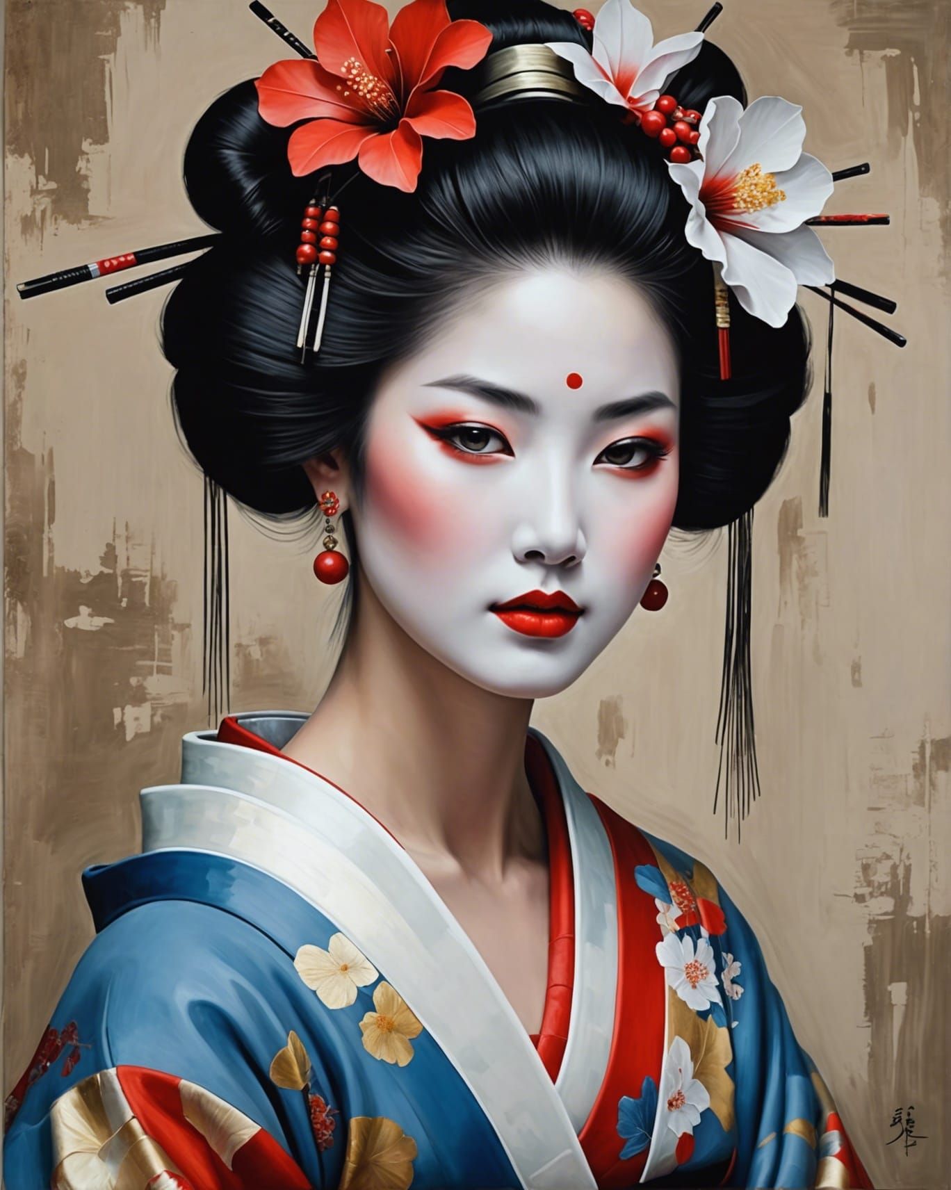 Beautiful Geisha in Abstract Painting Style