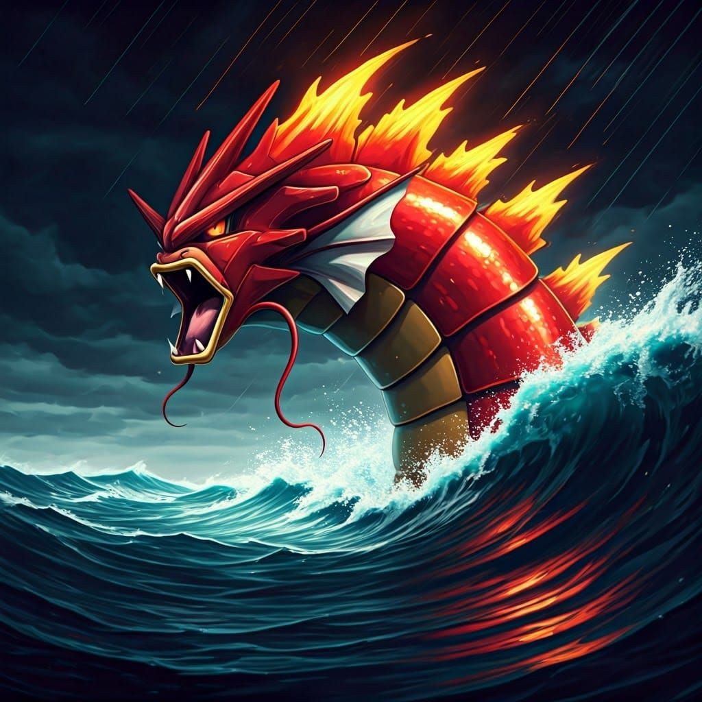 Cyberpunk Red Gyarados Rises from Turbulent Ocean