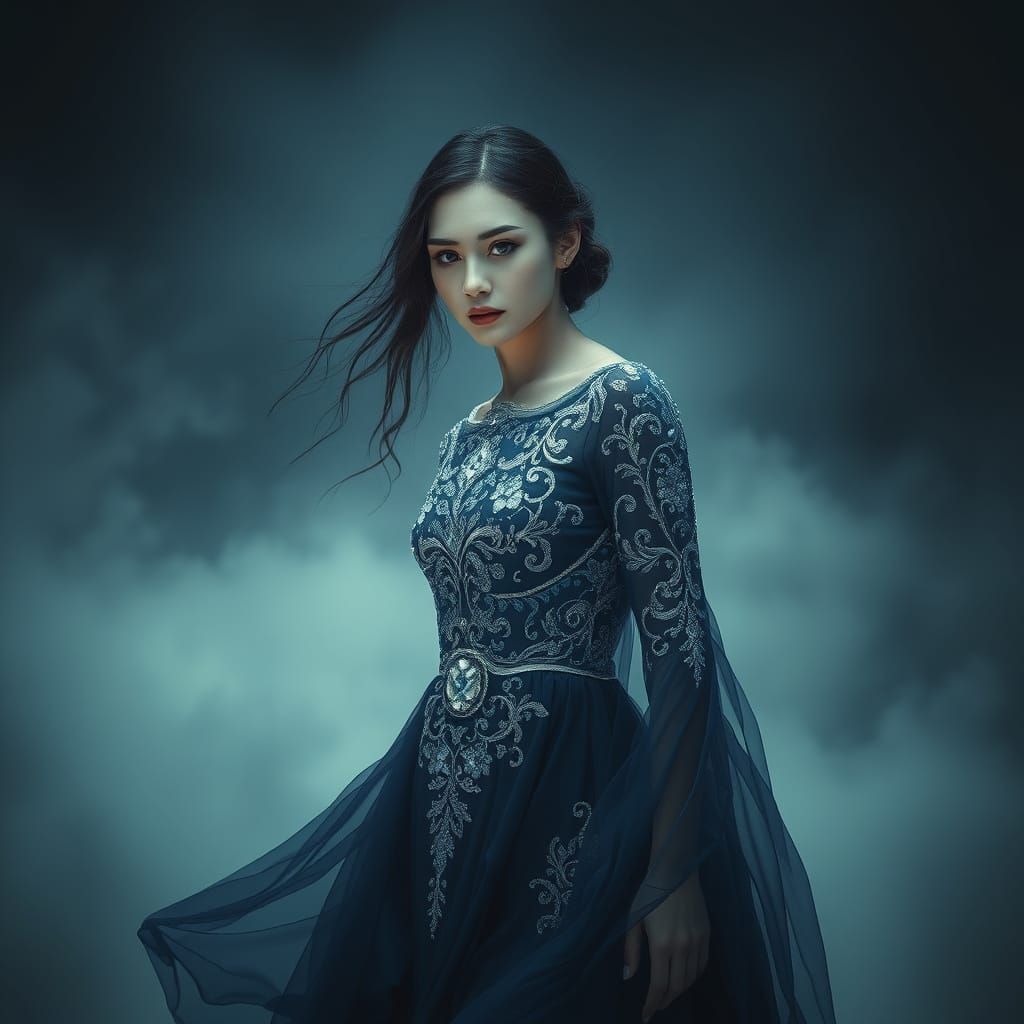 Ethereal Woman in Navy Blue Gown with Shimmering Embroidery