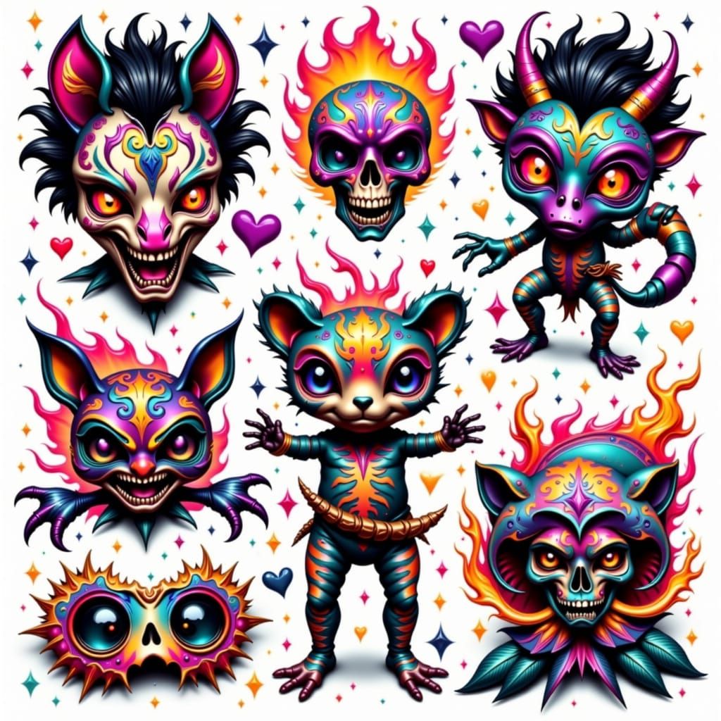 Vibrant Tattoo Sheet with Ninja Zebra and Samurai Frog