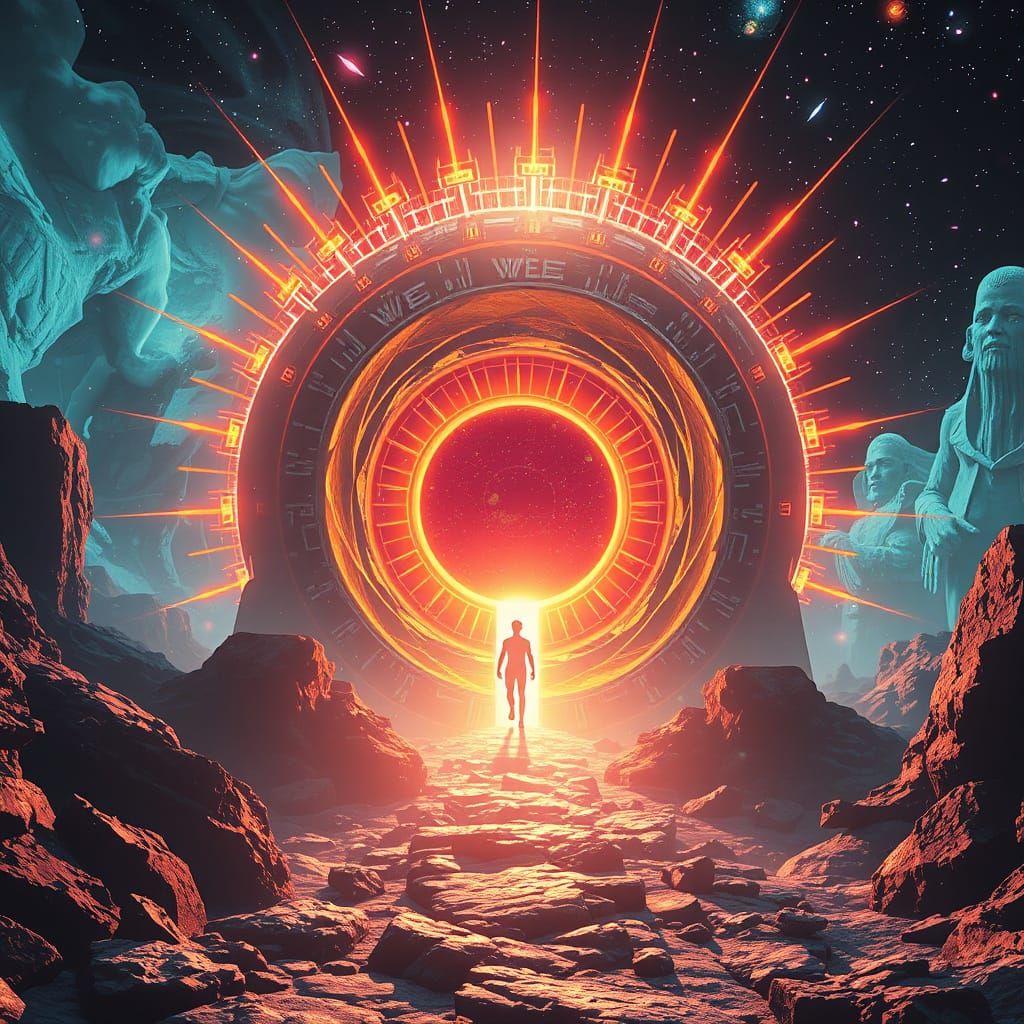 Cosmic Being Travels Through Shimmering Portal