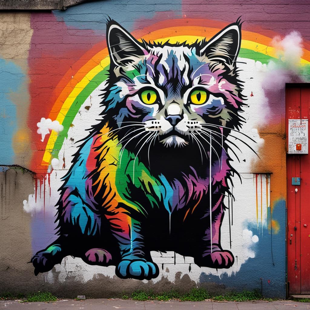 Banksy Style Cat Graffiti Rainbow Mural