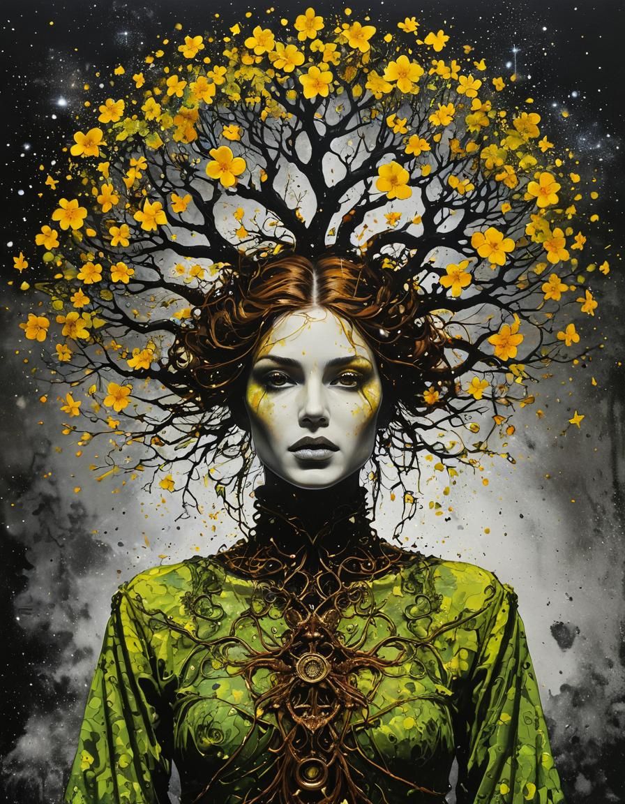 Psychedelic Tarot Tree in Deep Space, Fluid Impasto Style