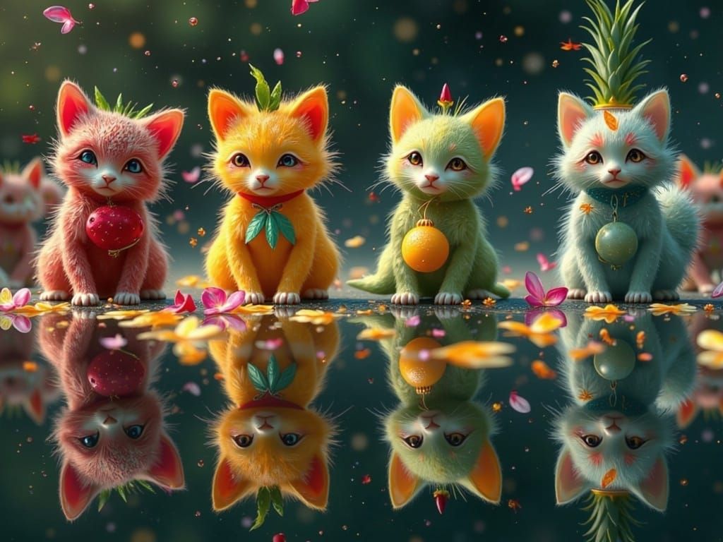 Hyperrealistic Fruit Kitten Siblings in Cosmic Background