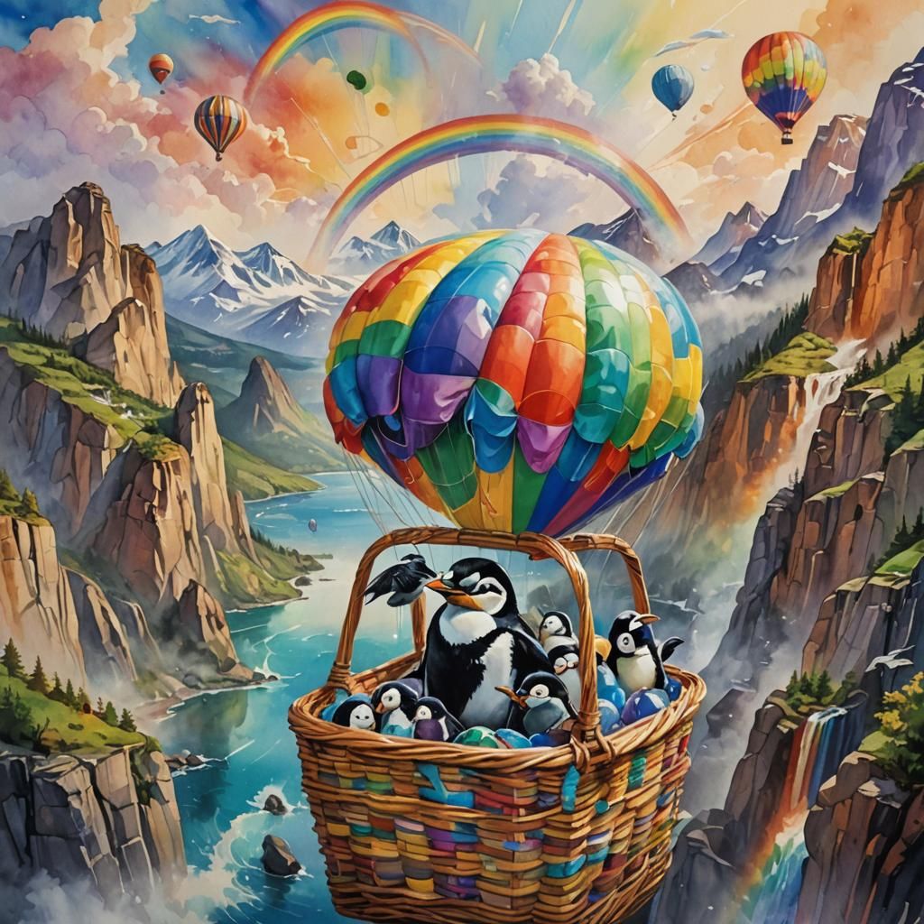 Penguin's Rainbow Balloon Ride: Hyperrealistic Gouache Paint...