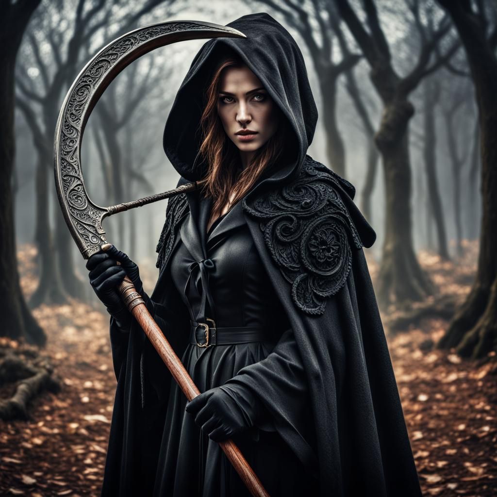 Hooded Woman with Scythe: Hyperrealistic Portrait