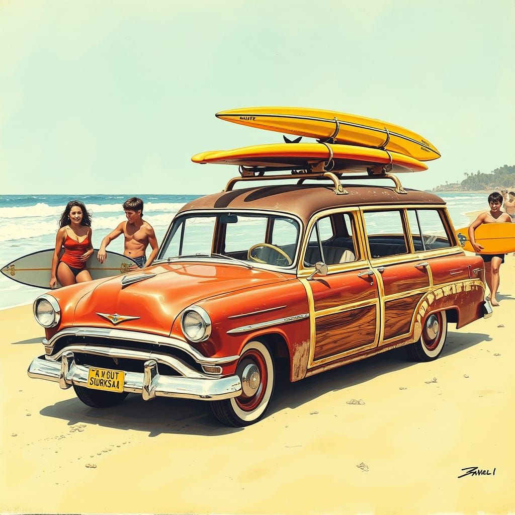 Weathered Woodie Station Wagon at Beach with Happy Surfers