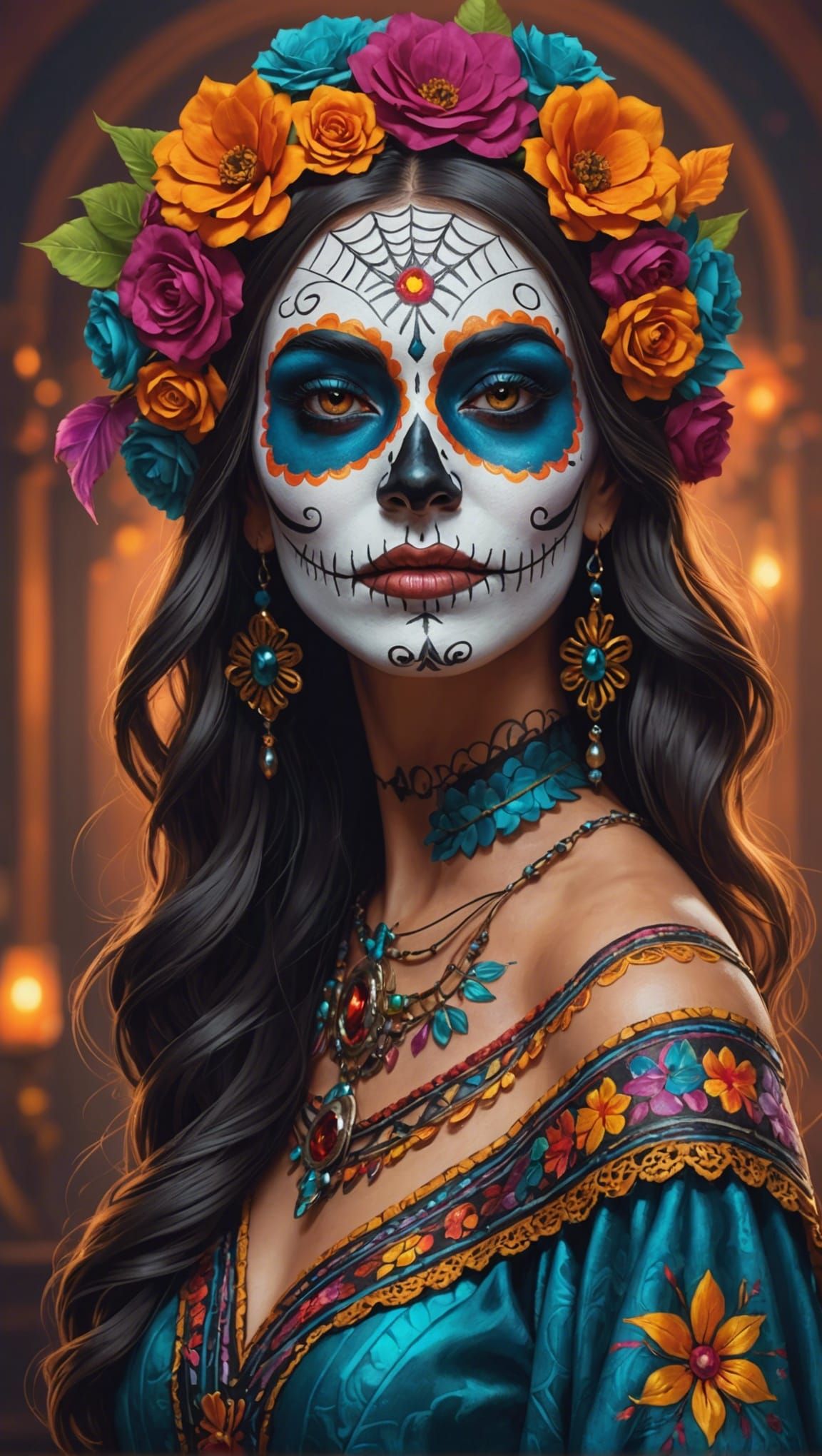 Medium shot of a beautiful woman wearing colorful Día de los Muertos face paint.