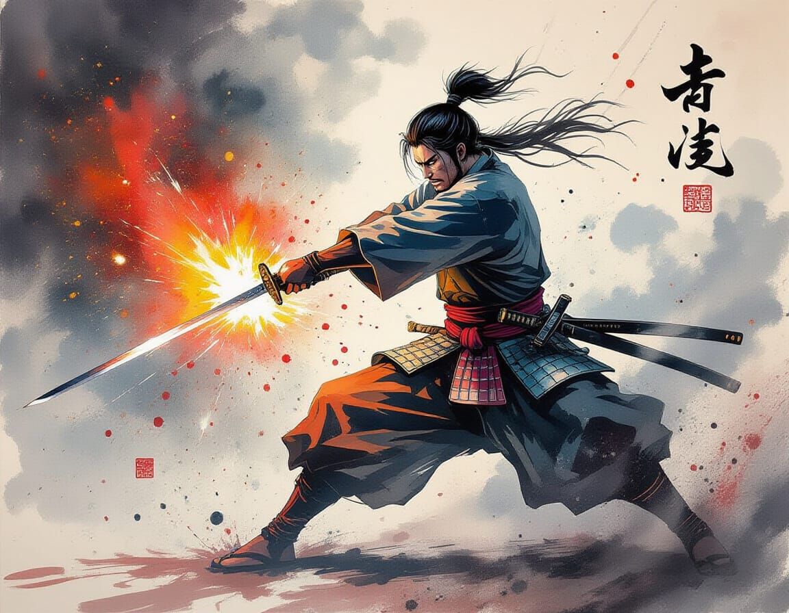 Ominous Action Painting of Samurai Fighting with Katana