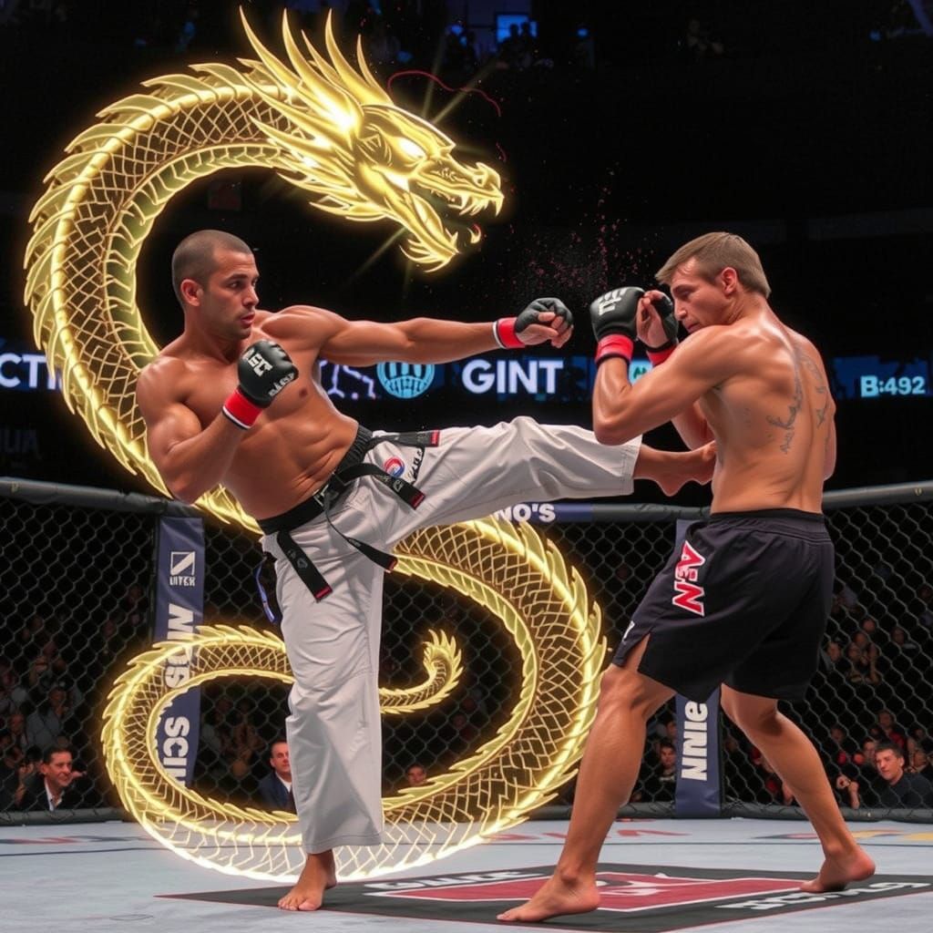Dynamic Martial Arts Kick with Golden Dragon