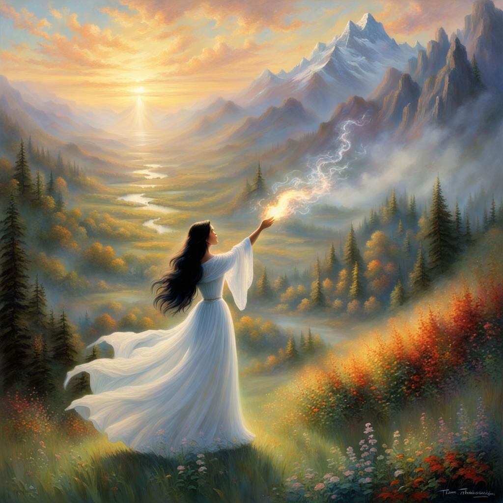 Ethereal Woman Conjures Flame in Mountain Landscape