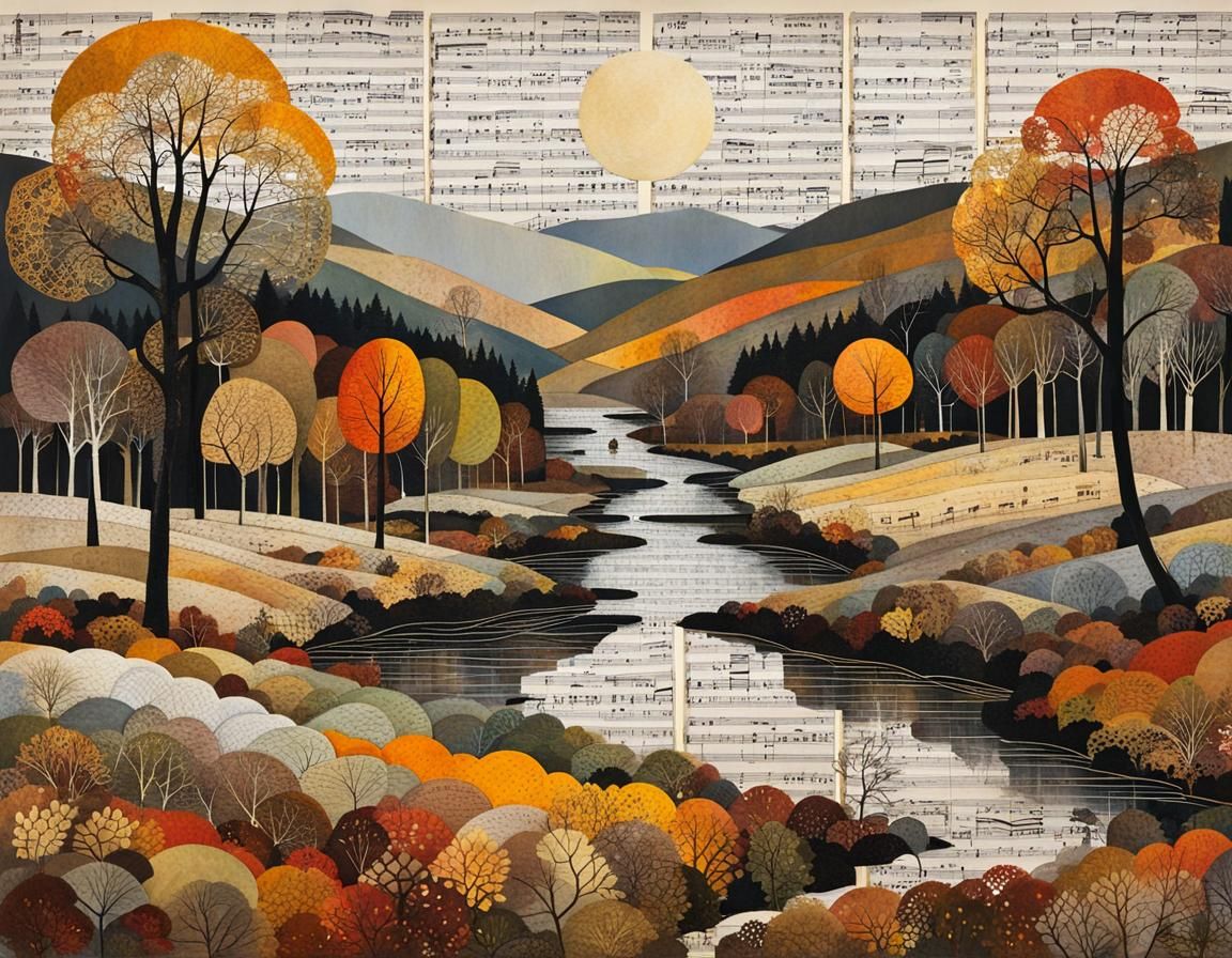 Autumn Landscape Shines: Mixed Media Collage Painting