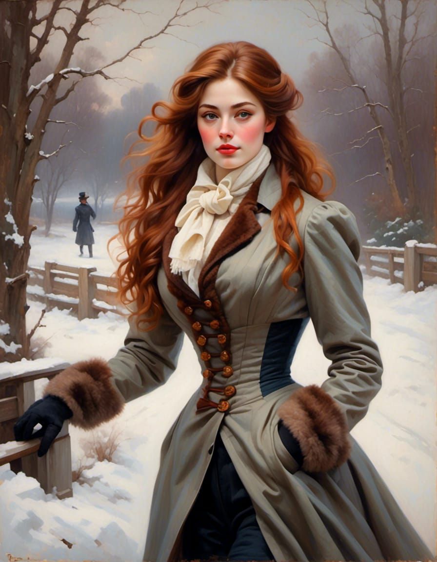 Victorian Woman with Auburn Hair in Snow
