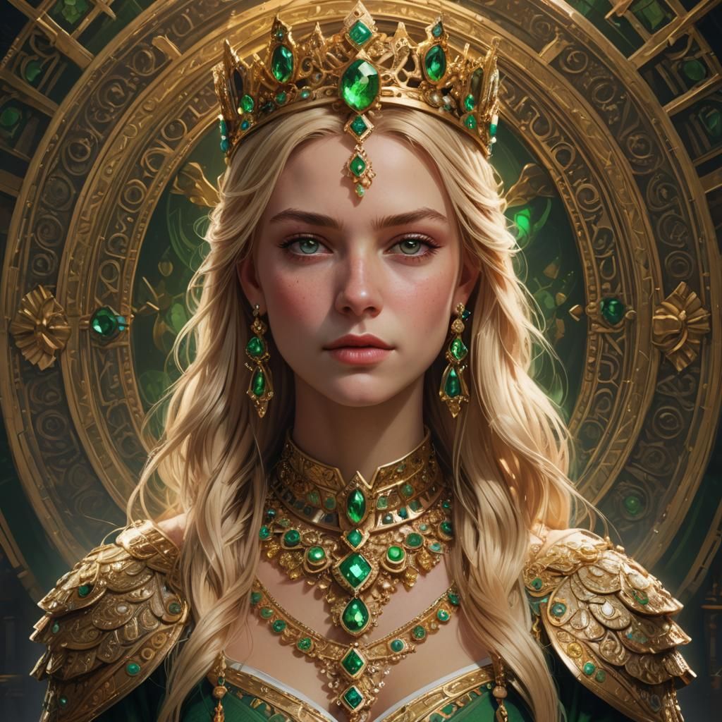Regal Blonde Queen Portrait with Golden Accents