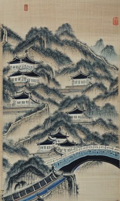 Ancient Chinese Street Scene in Ink Wash Style