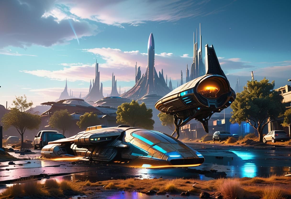 Alien Spaceship Over Ruined City: Cinematic Concept Art