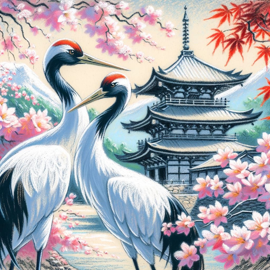 Cranes Expressing Affection in Japanese Pastel Art