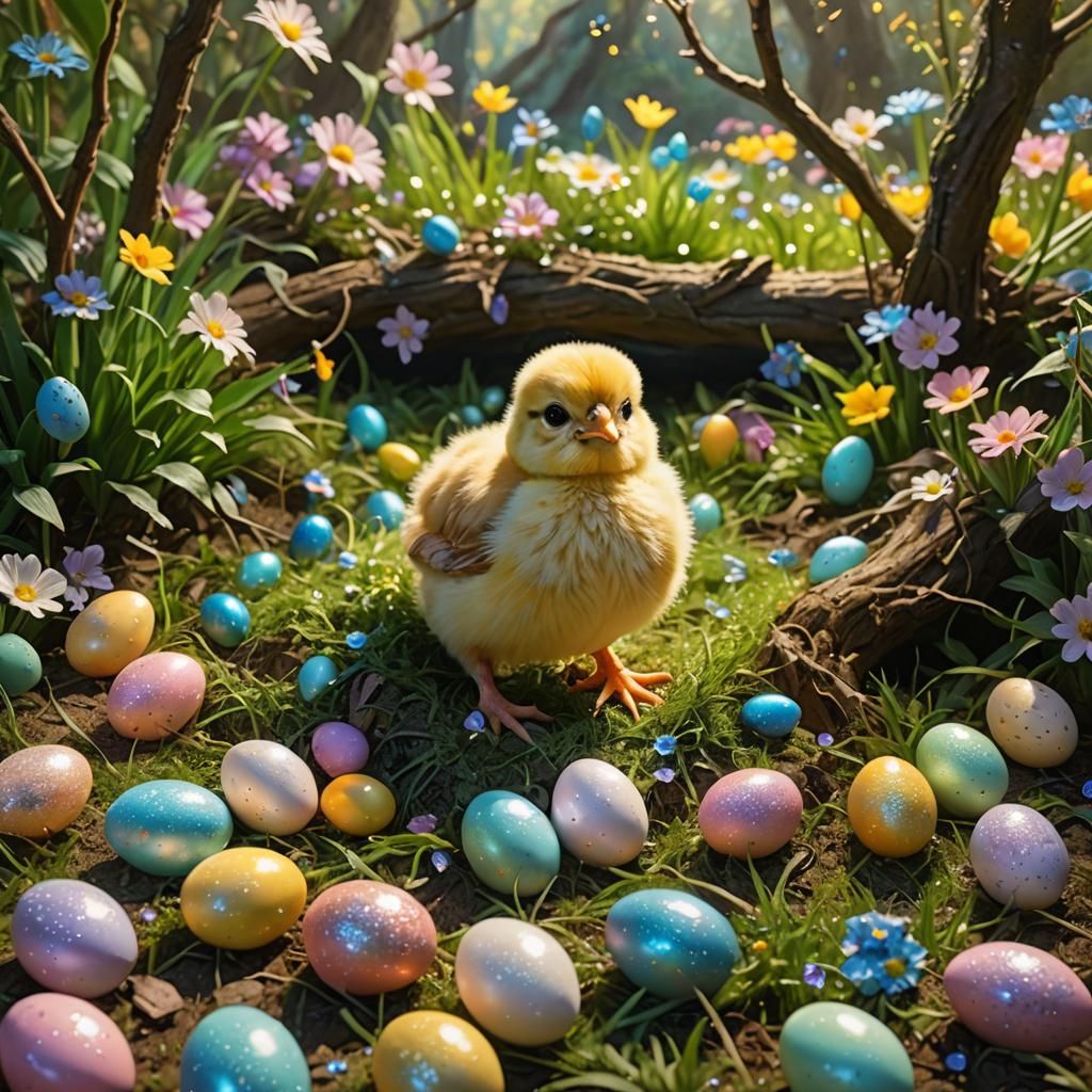 Enchanted Easter Garden Chick in Oil Painting Style