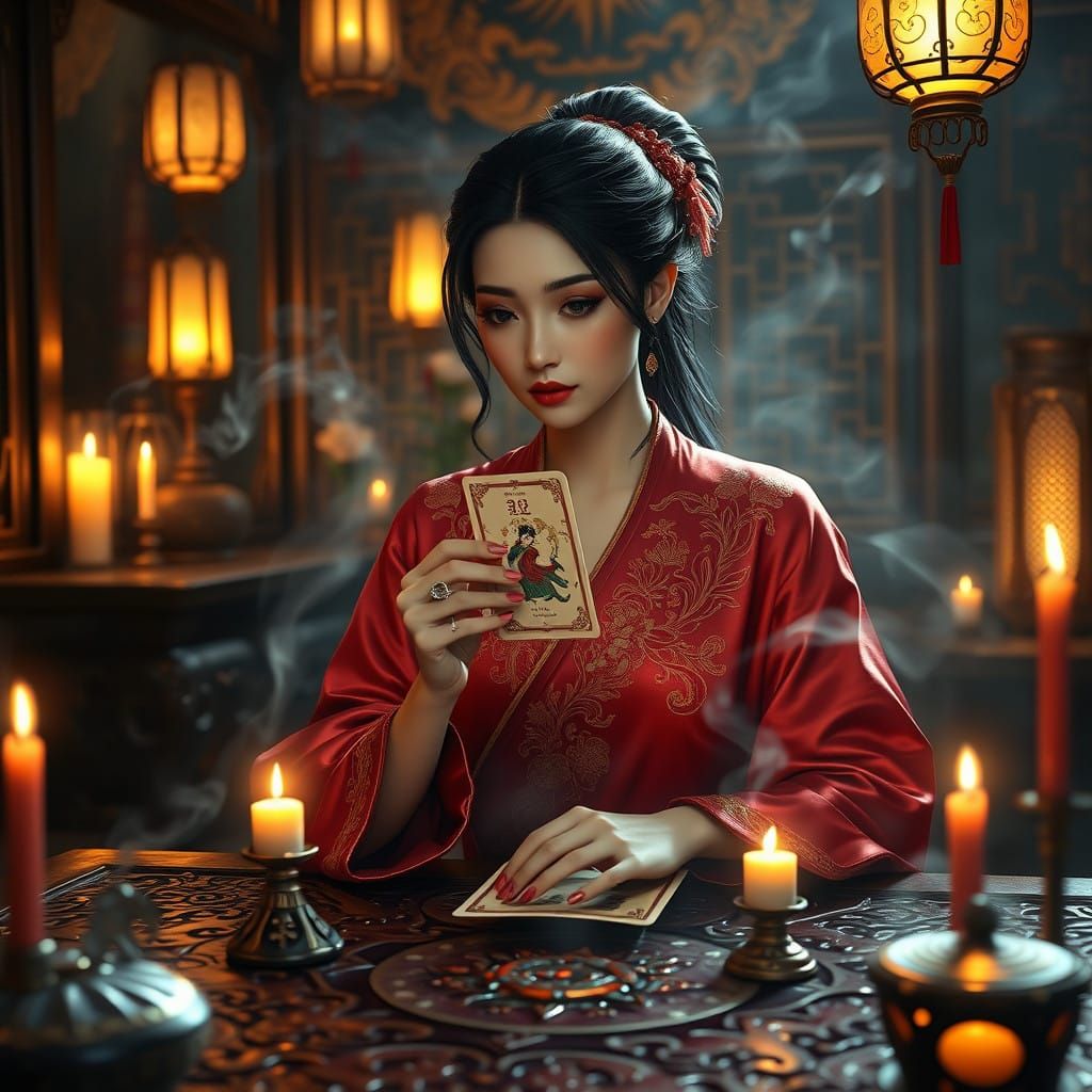 Mystical Asian Witch Examines Tarot Card in Oriental Mansion