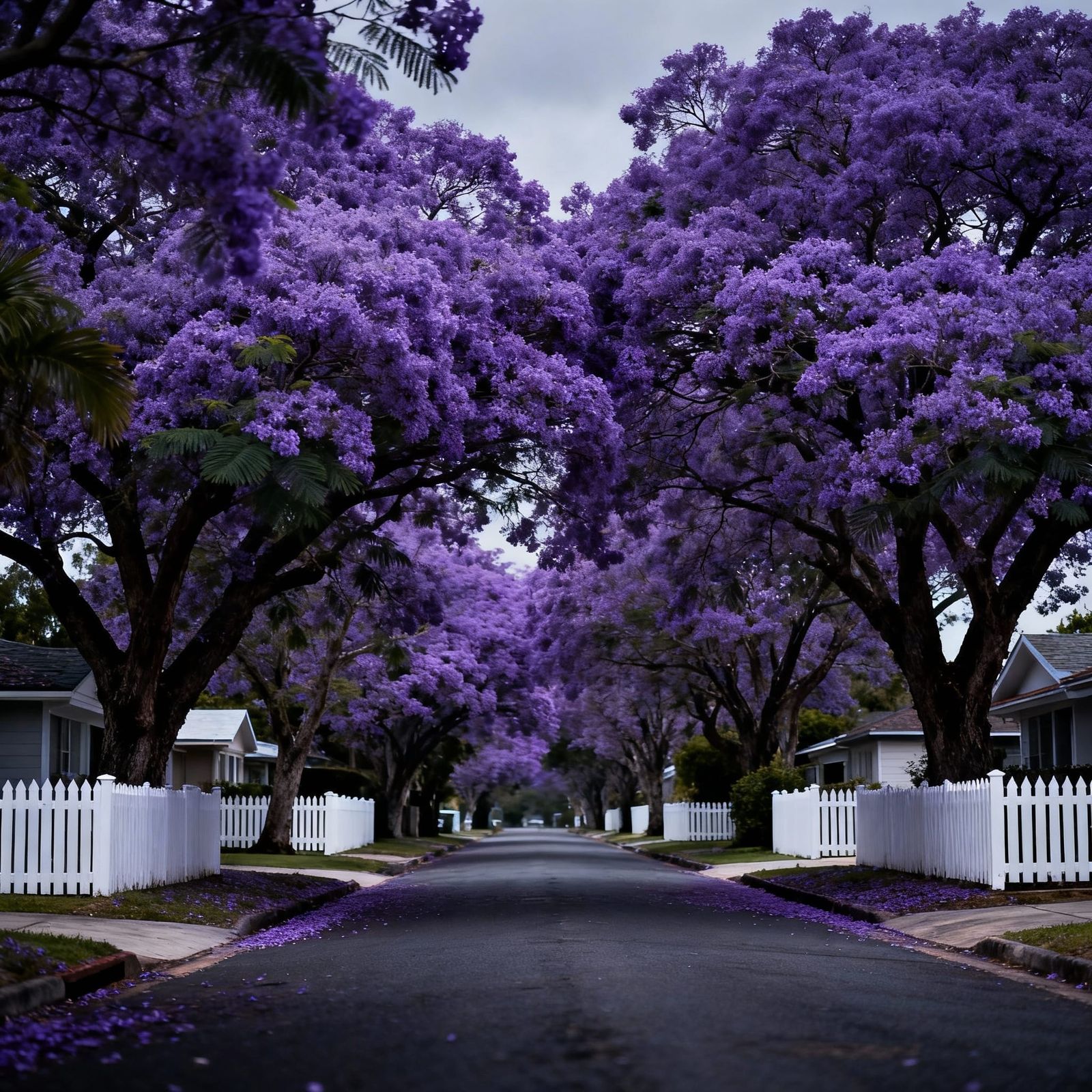 Purple Jacaranda Trees Line Street With White Picket Fences