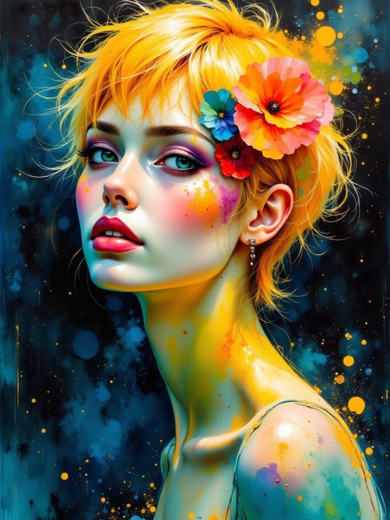 Stunning Blond Woman in Avant-Garde Watercolor Oil Painting