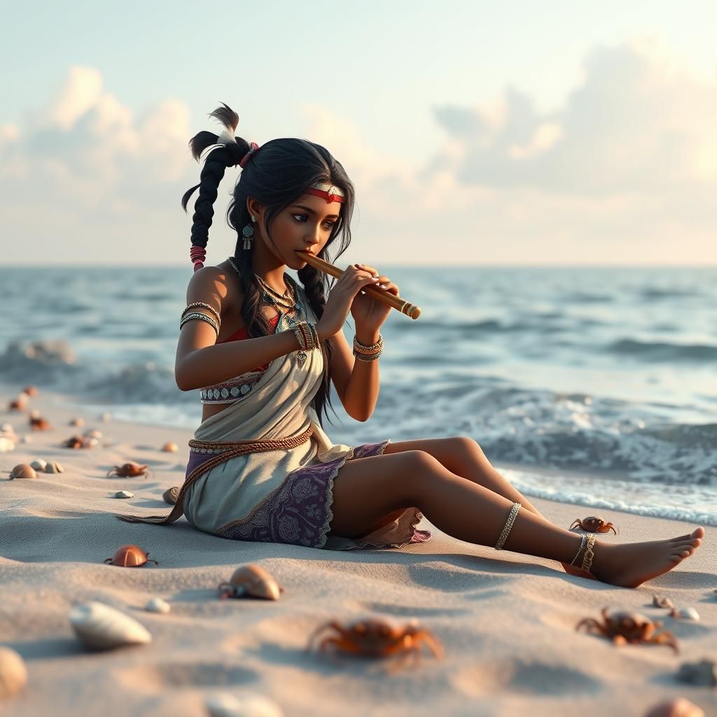Indian Girl Plays Flute on Beach in 3D