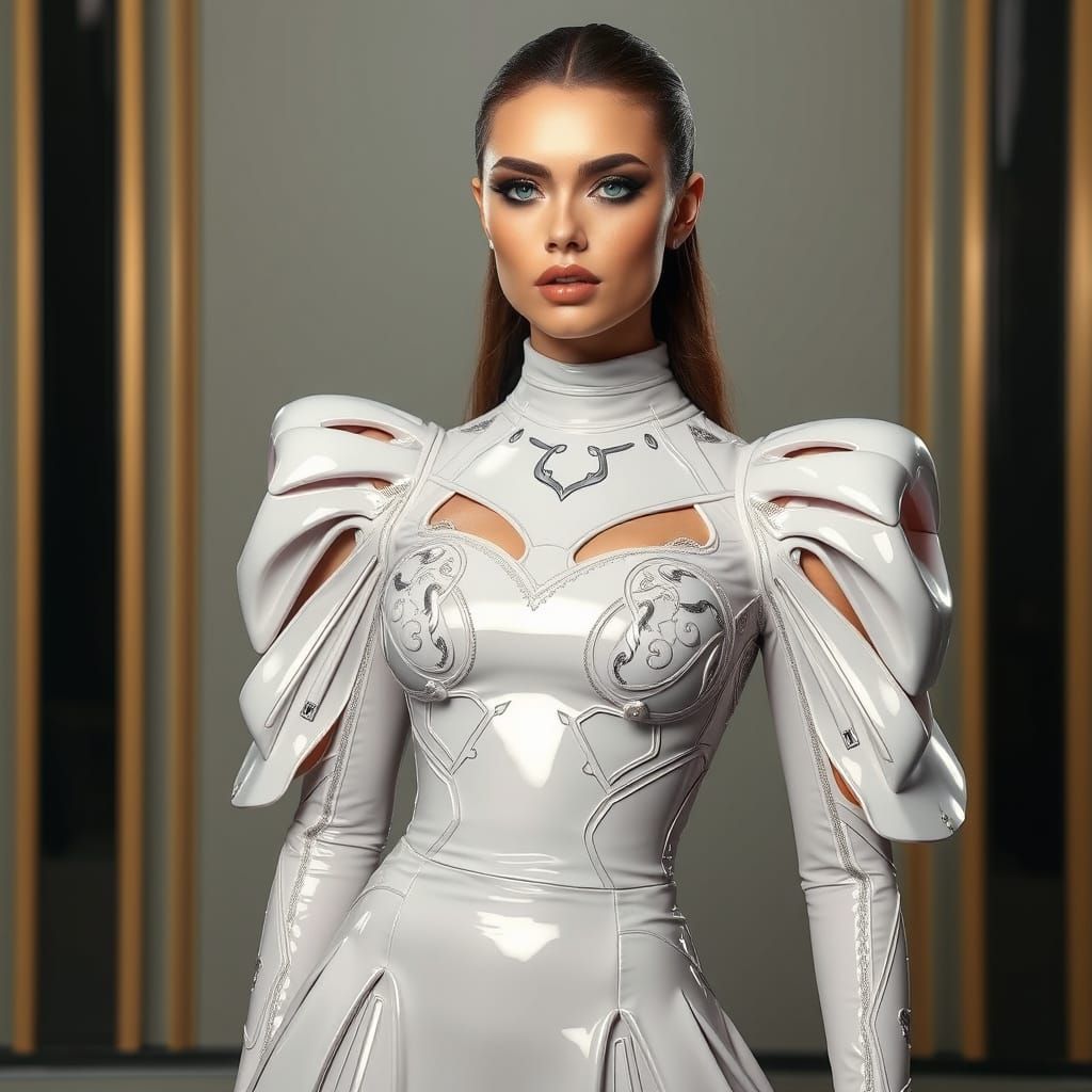 Hyperrealistic Woman in Latex Dress, Ash Thorp Style