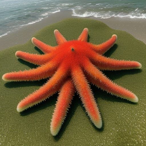 A red fat fuzzy starfish alien creature on a green sand beach on an alien world.
