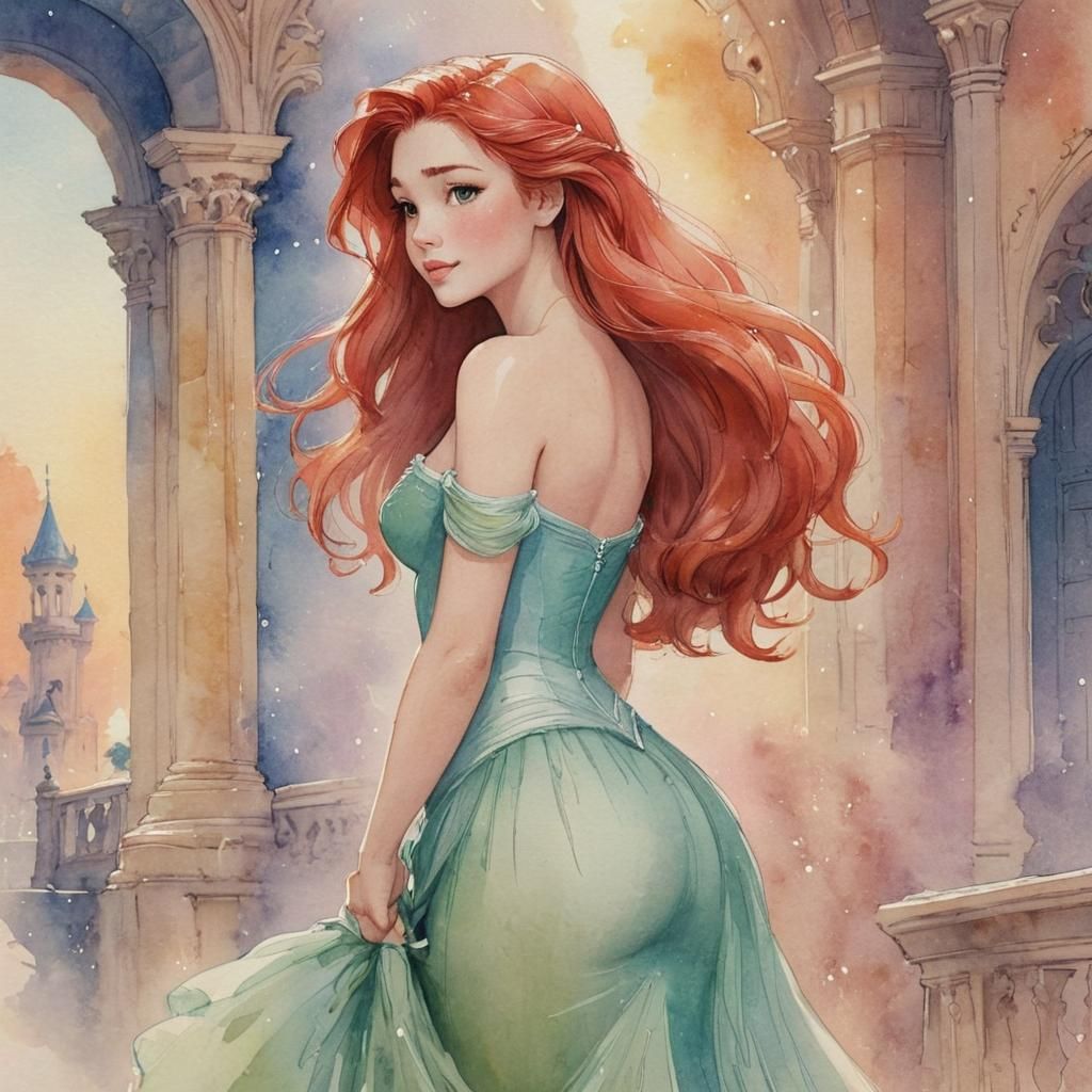 Ariel in Disney Style with Watercolor Textures