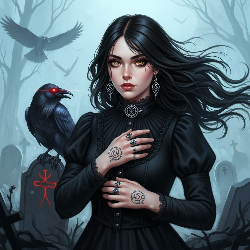 Graveyard Woman with Raven in Graffiti Art Style
