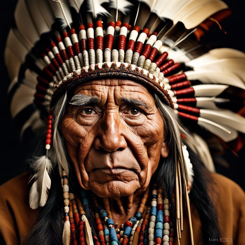Detailed Portrait of Native American Chief with Pipe